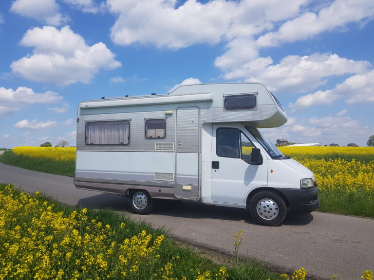 Zdjęcie Kampera Fiat Ducato II Dethleffs stojącego na drodze, łące kwiatowej