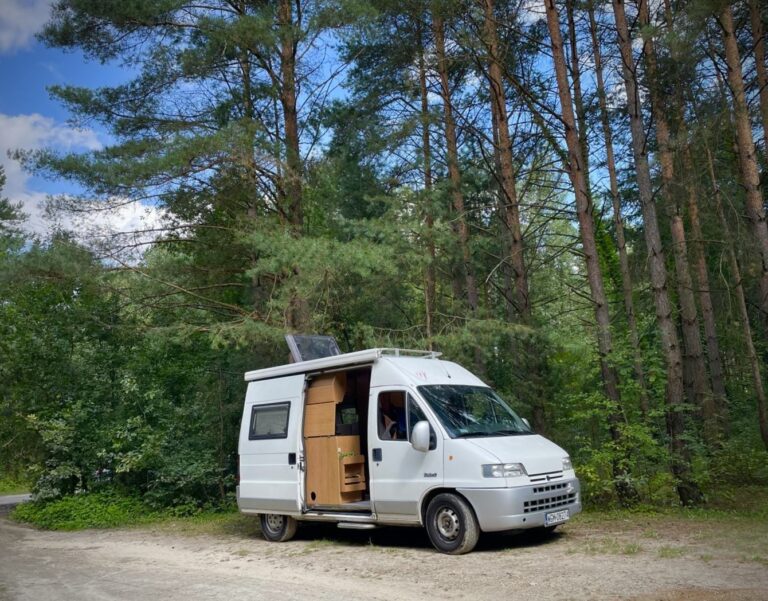 Fiat Peugeot Boxer CamperVan na drodze w lesie