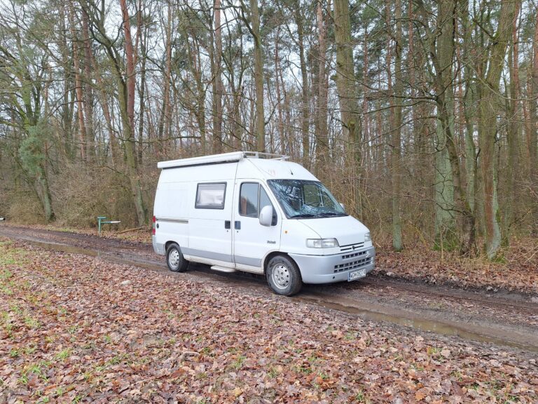 Fiat Peugeot Boxer CamperVan na drodze w lesie jesienią